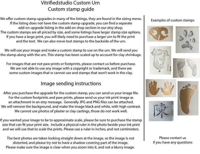 a page showing vitrifiedstudio's custom stamp options that include custom paw prints, custom infant footprints, a custom stamps for Chinese names, Japanese names, or Korean names.