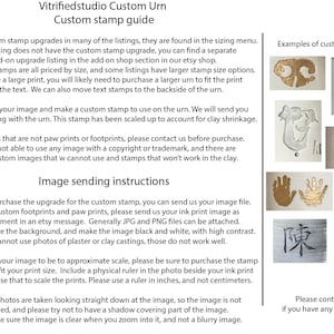 a sheet showing vitrifiedstudio's custom stamp options that include custom paw prints, custom infant footprints, a custom stamps for Chinese names, Japanese names, or Korean names.