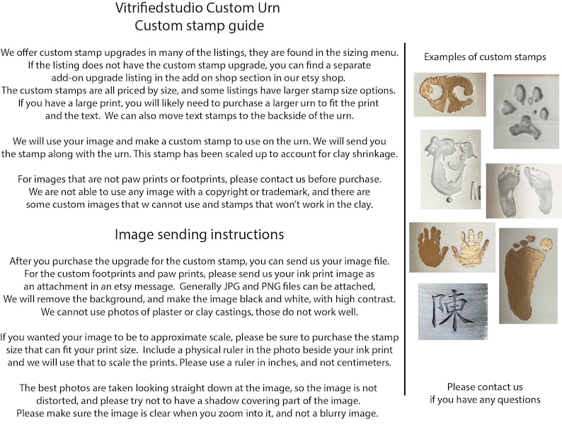 a sheet showing vitrifiedstudio's custom stamp options that include custom paw prints, custom infant footprints, a custom stamps for Chinese names, Japanese names, or Korean names.