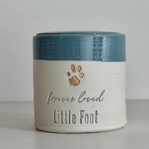 A handmade custom pet urn with a robins egg lid and upper section, and a white lower section made of porcelain clay. The beautiful custom urn features a gold custom paw design, a custom phrase in cursive and a name below