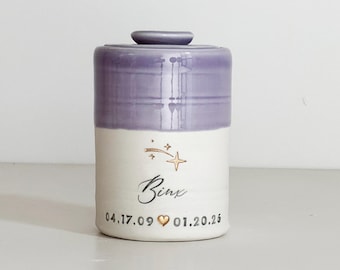 Custom pet urn for ashes. Purple personalized cursive name shown with gold shooting star