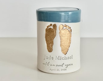 custom infant/ baby urn with optional custom footprint. personalized name & date.