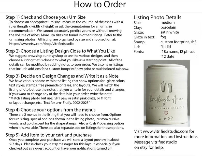 a page showing how to order a custom urn made by vitrifiedstudio on etsy. it has a sample photo with the details described for the sample urn and instructions to contact vitrifiedstudio if you need design assistance for a custom urn