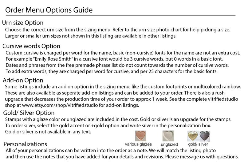 A page showing ordering options guide for custom urns by vitrifiedstudio