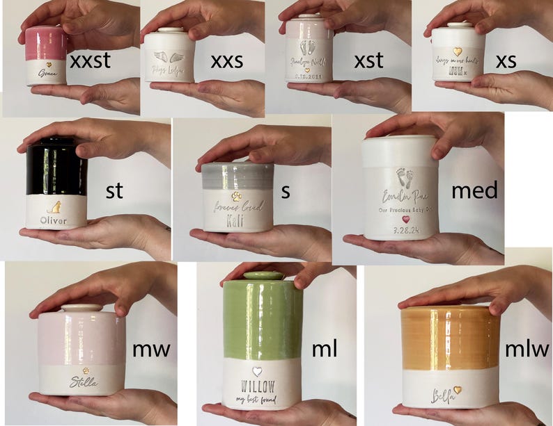image of various urn sizes, each held in the hand for scale. the urns are all available in several sizes, some sizes might be found in other listings in the vitrifiedstudio custom urn shop.