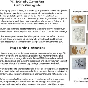 a page showing vitrifiedstudio's custom stamp options that include custom paw prints, custom infant footprints, a custom stamps for Chinese names, Japanese names, or Korean names.