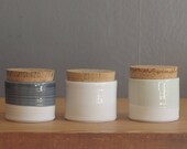 SALE ready made one corked cellars. shown in slate, white, and sage. salt, pepper cellar. modern pottery jar. small cork lidded containers.