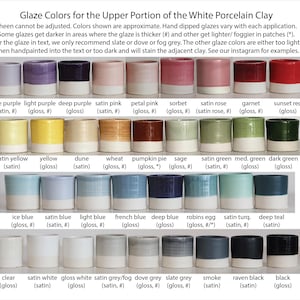 A color palette photo showing all of the glaze color options for custom urns by vitrifiedstudio found on etsy. These include urn color choices for purple, pink, red, yellow, green, blue, turquoise, white, grey and black.