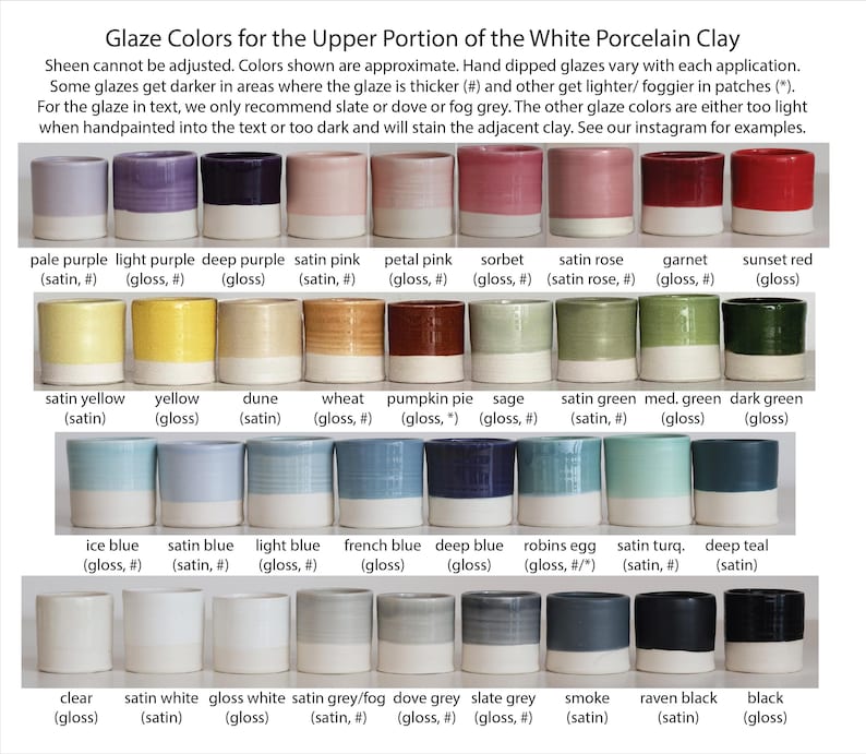A color palette photo showing all of the glaze color options for custom urns by vitrifiedstudio found on etsy. These include urn color choices for purple, pink, red, yellow, green, blue, turquoise, white, grey and black.