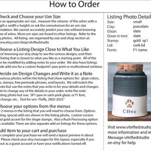 a page showing how to order a custom urn made by vitrifiedstudio on etsy. it has a sample photo with the details described for the sample urn and instructions to contact vitrifiedstudio if you need design assistance for a custom urn