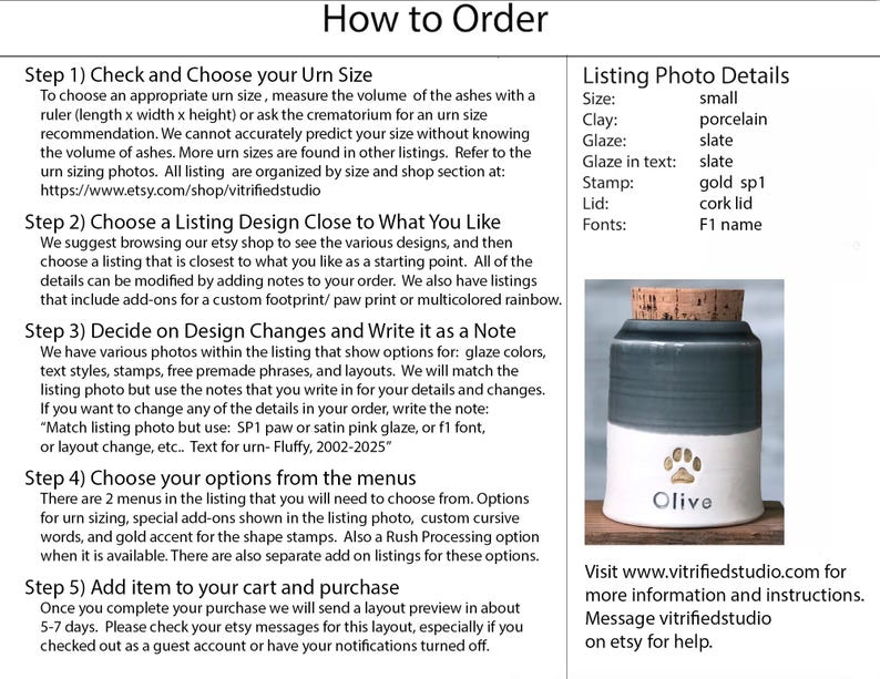 a page showing how to order a custom urn made by vitrifiedstudio on etsy. it has a sample photo with the details described for the sample urn and instructions to contact vitrifiedstudio if you need design assistance for a custom urn