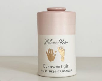 Custom cremation urn, larger sizes. Child memorial with footprints shown.
