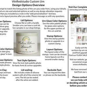 a page showing all of the various design option categories for a custom urn made by vitrifiedstudio. Design options include custom text, choice of stamp, font choice, and layout. Information on how to find the vitrifiedstudio etsy shop homepage is also shown.