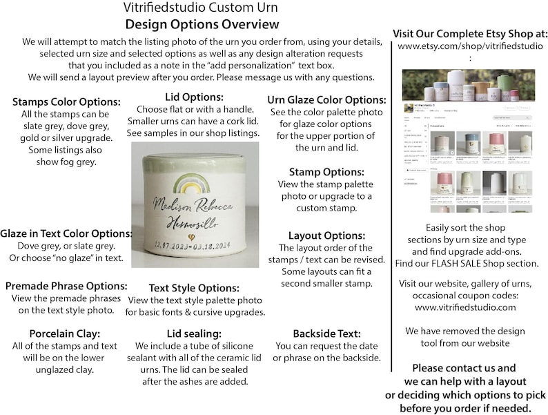 a page showing all of the various design option categories for a custom urn made by vitrifiedstudio. Design options include custom text, choice of stamp, font choice, and layout. Information on how to find the vitrifiedstudio etsy shop homepage is also shown.