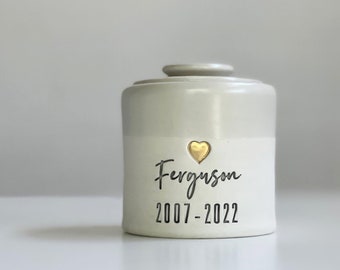 custom pet urn. modern simple personalized name and date urn for ashes. Made By vitrifiedstudio