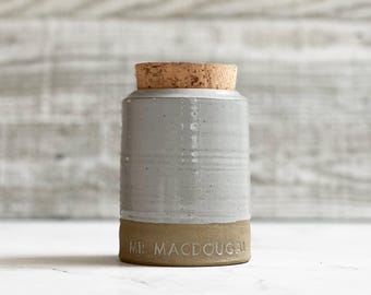 dark sand stoneware clay custom pet urn or human ashes urn, with cork lid.