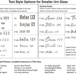 Image showcasing text style options for custom urns by vitrifiedstudio, featuring examples of basic and cursive fonts with a ruler for size reference. Also shows a list of the free premade phrases that can be custom requested on the urns.
