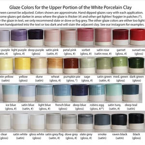 A color palette photo showing all of the glaze color options for custom urns by vitrifiedstudio found on etsy. These include urn color choices for purple, pink, red, yellow, green, blue, turquoise, white, grey and black.