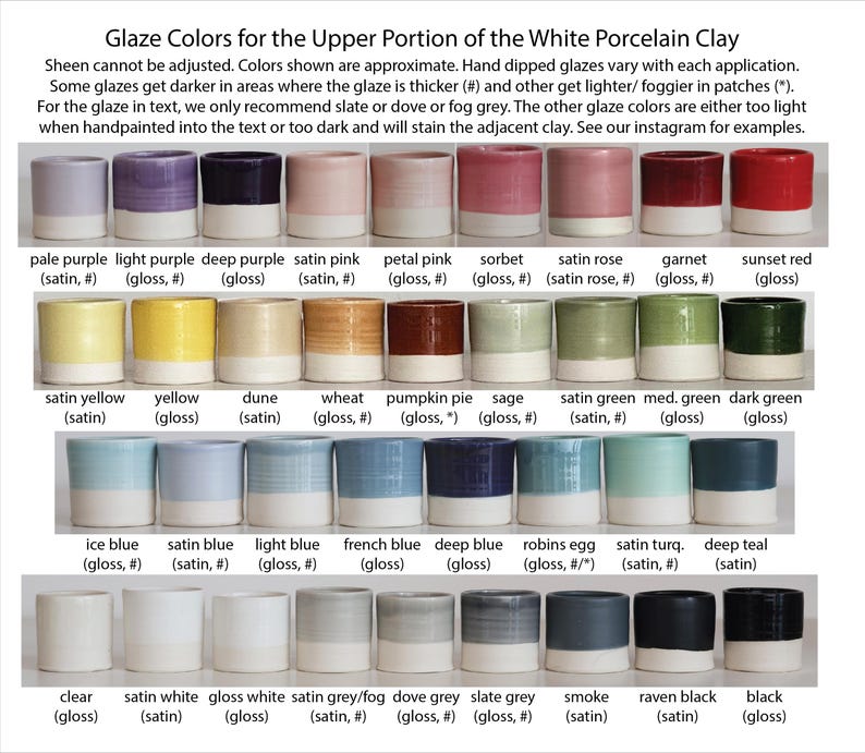 A color palette photo showing all of the glaze color options for custom urns by vitrifiedstudio found on etsy. These include urn color choices for purple, pink, red, yellow, green, blue, turquoise, white, grey and black.