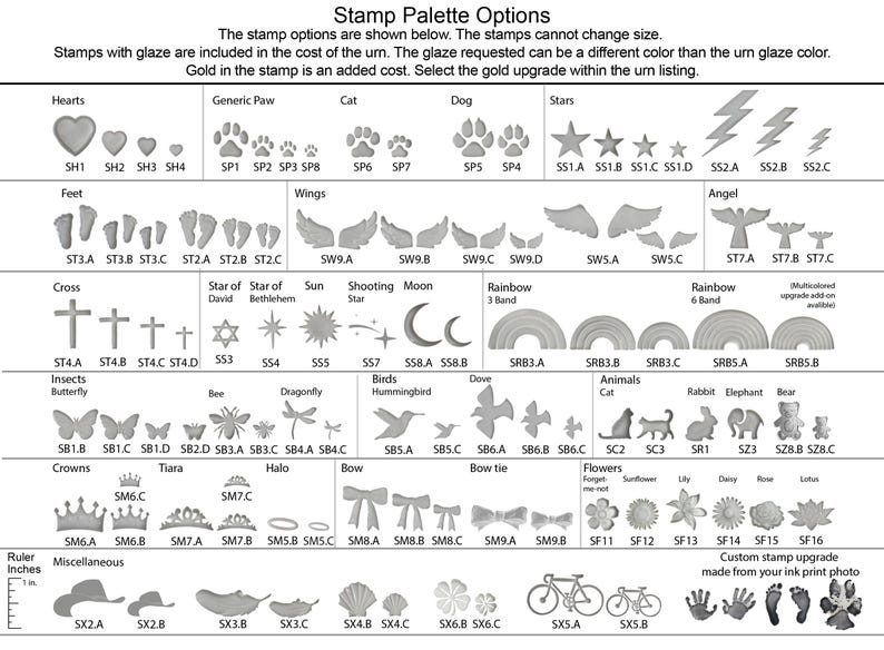 A sheet showing all of the stamps that can be requested on the custom urns by vitrifiedstudio. These include hearts, paw prints, stars, star of david, lightening bolt, footprints, angel wings, angels, crosses, sun, moon, shooting star, rainbows, butterflies, hummingbird, dragonfly, dove, teddy bear, bee, sea turtle, crown, tiara, halo, bow, bow tie, flower daisy lily sunflower lotus forget-me-not, cowboy hat, feather, 4 leaf clover, sea shell, and bicycle stamp. custom stamps are available.