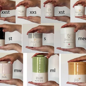 image of various urn sizes, each held in the hand for scale. the urns are all available in several sizes, some sizes might be found in other listings in the vitrifiedstudio custom urn shop.