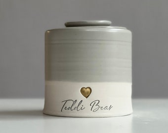 Custom pet urn or person urn. Cursive custom name shown with heart. Personalized with name