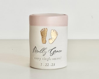 Personalized infant urn with optional custom footprint and optional gold heart shown