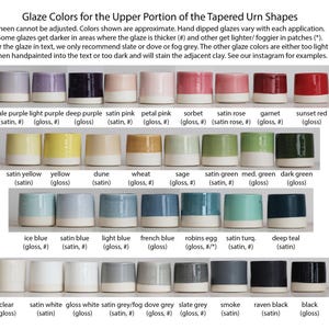 A color palette photo showing all of the glaze color options for custom urns by vitrifiedstudio found on etsy. These include urn color choices for purple, pink, red, yellow, green, blue, turquoise, white, grey and black.