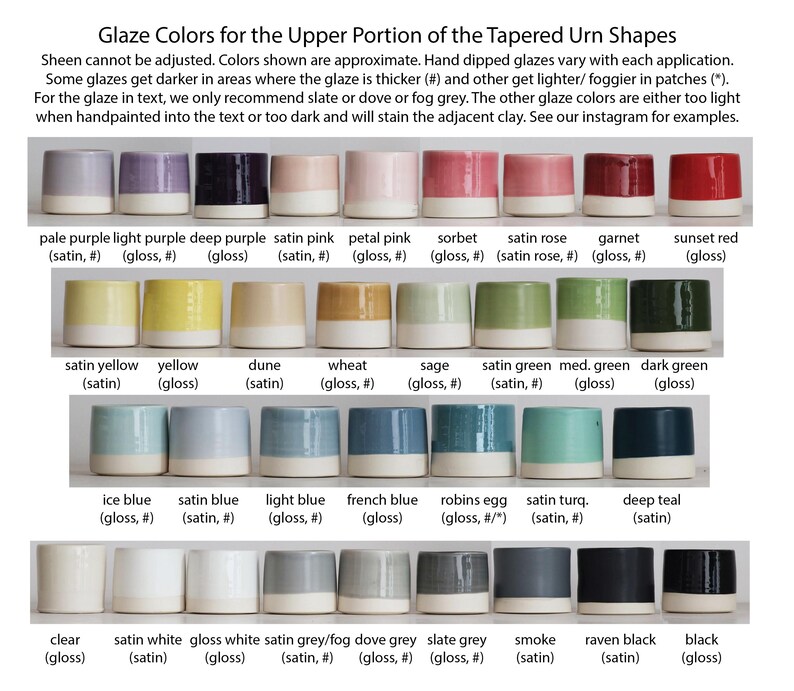 A color palette photo showing all of the glaze color options for custom urns by vitrifiedstudio found on etsy. These include urn color choices for purple, pink, red, yellow, green, blue, turquoise, white, grey and black.