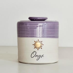 Custom Pet Urn: Modern Ceramic Memorial, Personalized. Purple and sun shown vitrifiedstudio