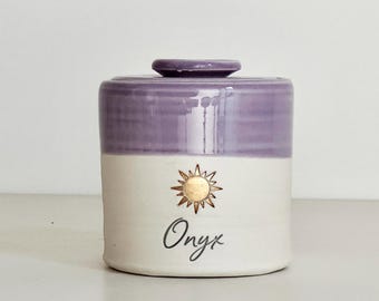 Custom Pet Urn: Modern Ceramic Memorial, Personalized. Purple and sun shown vitrifiedstudio