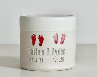 personalized twin baby urn with optional custom footprints by vitrifiedstudio