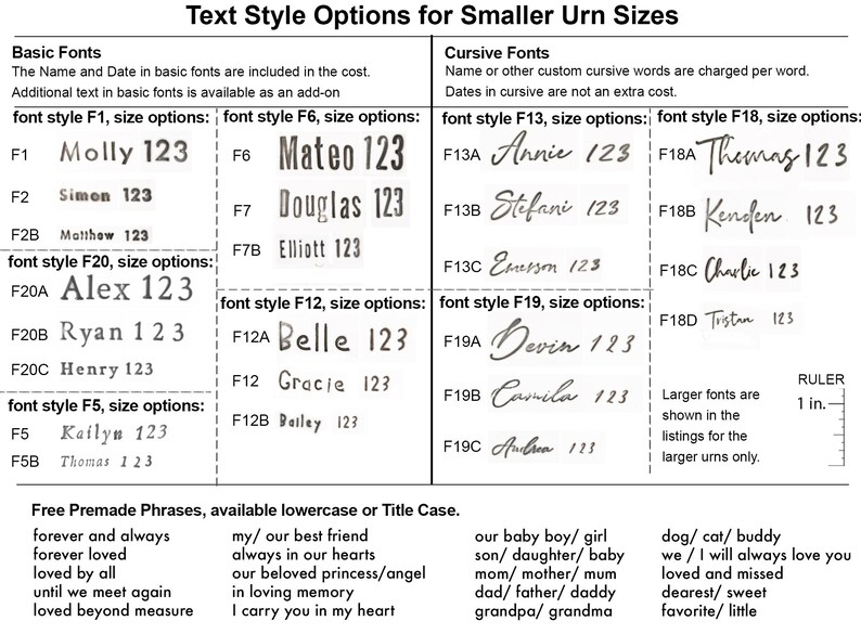 Image showcasing text style options for custom urns by vitrifiedstudio, featuring examples of basic and cursive fonts with a ruler for size reference. Also shows a list of the free premade phrases that can be custom requested on the urns.