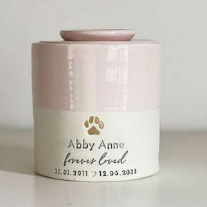 May include: A pink and white ceramic pet urn with a gold paw print and the inscription "Abby Anne forever loved 11.01.2011 ♥ 12.06.2023"