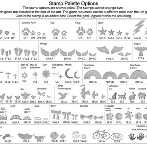 A sheet showing all of the stamps that can be requested on the custom urns by vitrifiedstudio. These include hearts, paw prints, stars, star of david, lightening bolt, footprints, angel wings, angels, crosses, sun, moon, shooting star, rainbows, butterflies, hummingbird, dragonfly, dove, teddy bear, bee, sea turtle, crown, tiara, halo, bow, bow tie, flower daisy lily sunflower lotus forget-me-not, cowboy hat, feather, 4 leaf clover, sea shell, and bicycle stamp. custom stamps are available.