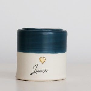 custom infant urn for ashes.  baby boy or girl. shown blue with heart. vitrifiedstudio