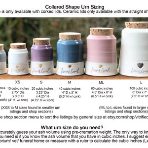Image displays a size chart for urns by vitrifiedstudio, with volume and dimensions in inches and cubic inches. Includes examples of urn styles and sizes, with text descriptions.
