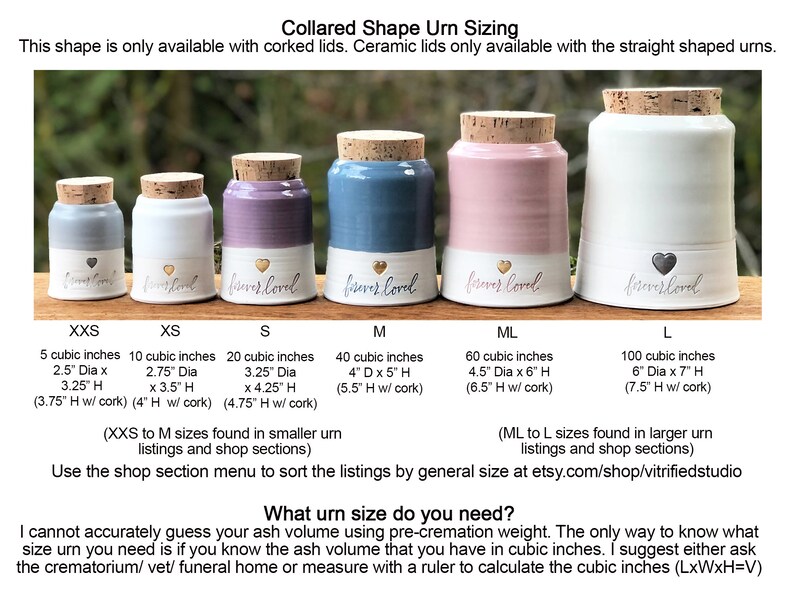 Image displays a size chart for urns by vitrifiedstudio, with volume and dimensions in inches and cubic inches. Includes examples of urn styles and sizes, with text descriptions.