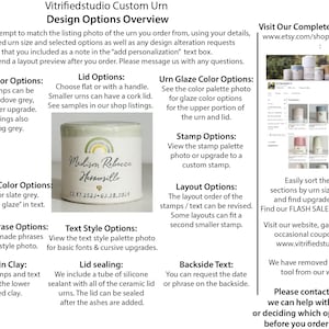 a page showing all of the various design option categories for a custom urn made by vitrifiedstudio. Design options include custom text, choice of stamp, font choice, and layout. Information on how to find the vitrifiedstudio etsy shop homepage is also shown.