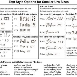 Image showcasing text style options for custom urns by vitrifiedstudio, featuring examples of basic and cursive fonts with a ruler for size reference. Also shows a list of the free premade phrases that can be custom requested on the urns.