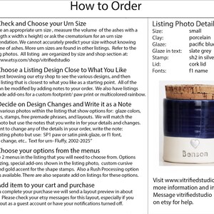 a page showing how to order a custom urn made by vitrifiedstudio on etsy. it has a sample photo with the details described for the sample urn and instructions to contact vitrifiedstudio if you need design assistance for a custom urn