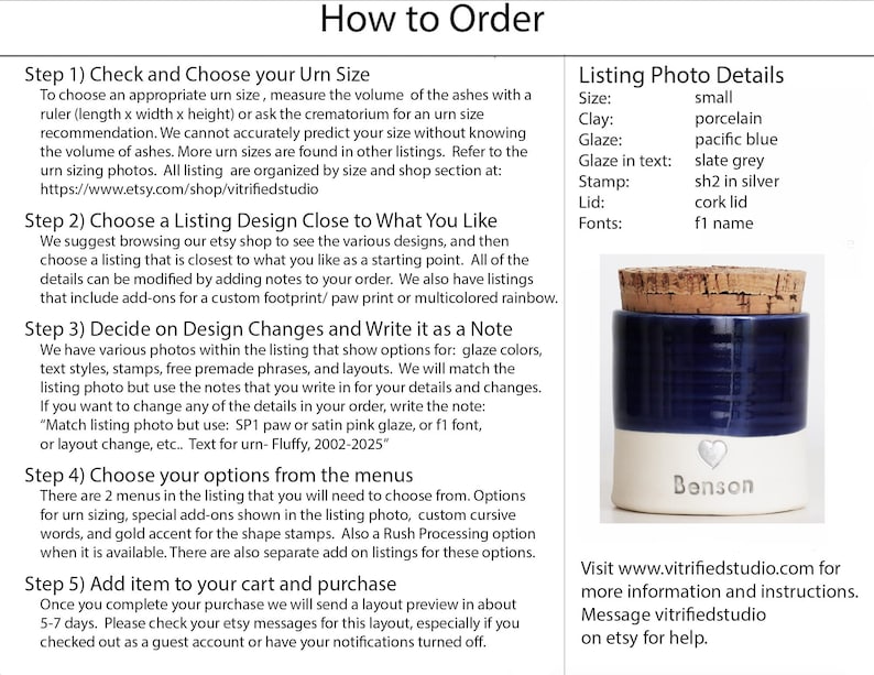 a page showing how to order a custom urn made by vitrifiedstudio on etsy. it has a sample photo with the details described for the sample urn and instructions to contact vitrifiedstudio if you need design assistance for a custom urn