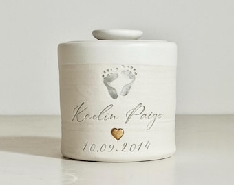 Personalized infant urn with optional custom footprint /gold heart shown