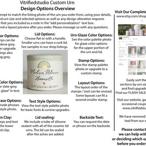a page showing all of the various design option categories for a custom urn made by vitrifiedstudio. Design options include custom text, choice of stamp, font choice, and layout. Information on how to find the vitrifiedstudio etsy shop homepage is also shown.