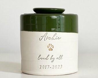 custom pet urn. modern simple urn for ashes. Personalized name and date. dark green shown on sample