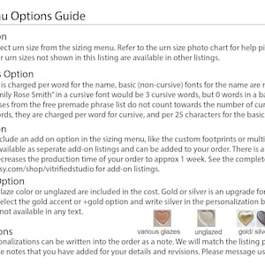 A sheet showing ordering options guide for custom urns by vitrifiedstudio