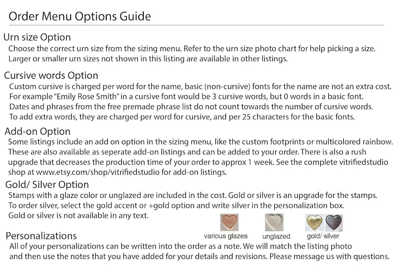 A sheet showing ordering options guide for custom urns by vitrifiedstudio