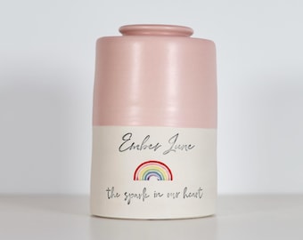 Custom urn pink with rainbow shown: largest sizes, tapered shape urn.  vitrifiedstudio