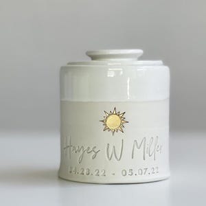 Custom Urn: with cursive name and sun shown. Sunshine stamp