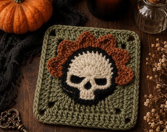 Modèle de crochet carré « Grand-mère aux fleurs et au crâne », motif gothique d'Halloween (PDF, tutoriel photo)